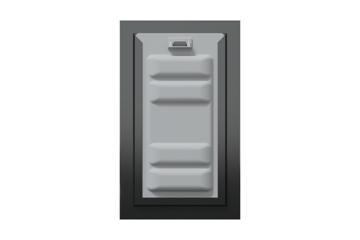 Front view of a black Endura Flap dog door for wall, shown with the locking cover in place. This highlights the security features of this endura dog door.