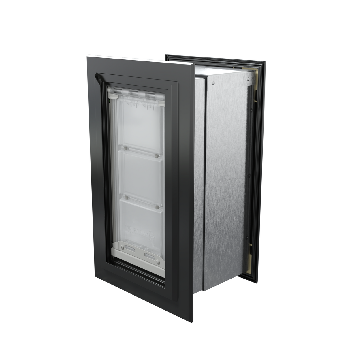 Angled view of a closed, black Endura Flap single flap wall mount pet door. Looking for insulated dog doors for walls? Consider this endura flap dog door.