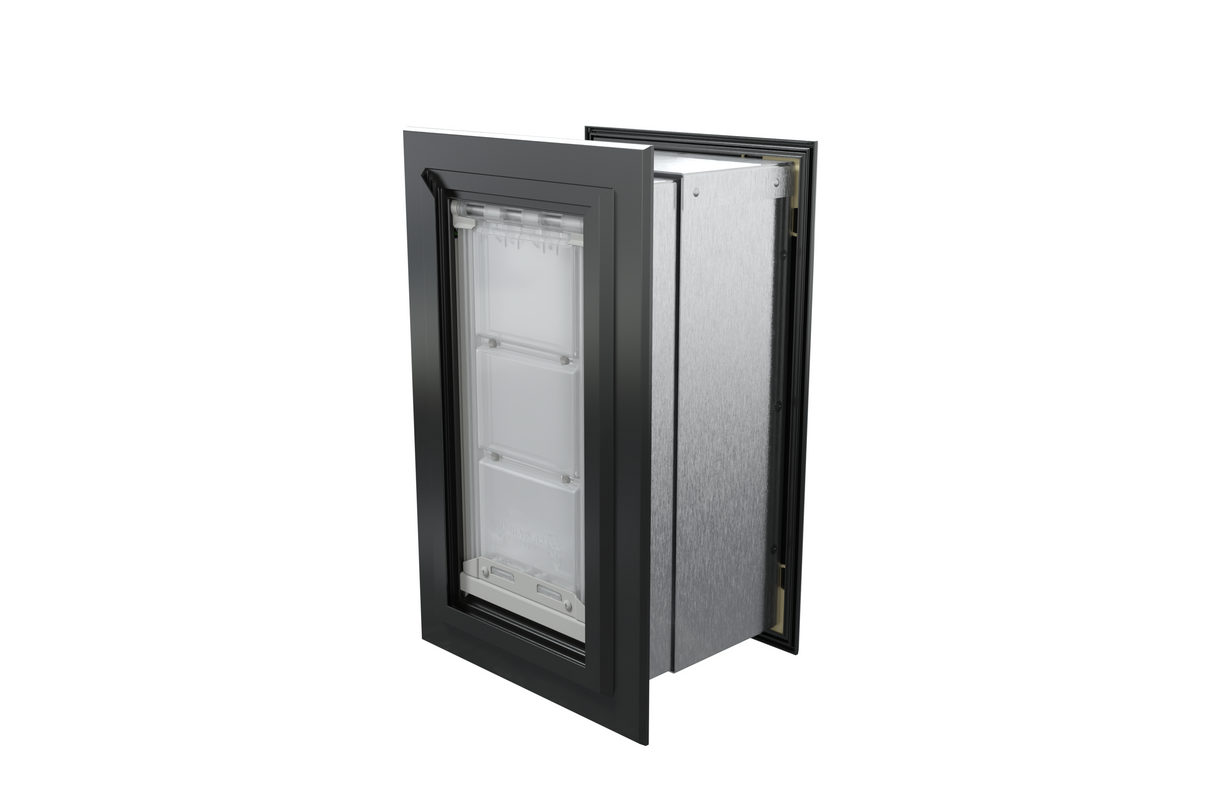 Angled view of a closed, black Endura Flap single flap wall mount pet door. This durable in wall pet door offers a sleek design and excellent insulation.