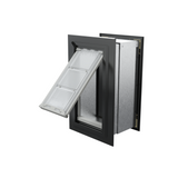 Angled view of an open, black Endura Flap single flap wall mount pet door. This in wall dog door offers a sleek design and easy pet access.