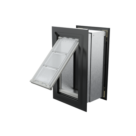 Angled view of an open, black Endura Flap single flap wall mount pet door. This in wall dog door offers a sleek design and easy pet access.