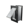 Angled view of an open, black Endura Flap single flap wall mount pet door. This in wall dog door offers a sleek design and easy pet access.