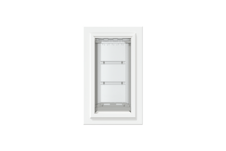 Front view of a white, single flap Endura Flap dog door for wall installation. This durable and energy-efficient endura flap pet door is a perfect solution for pet owners looking for secure dog doors for walls.