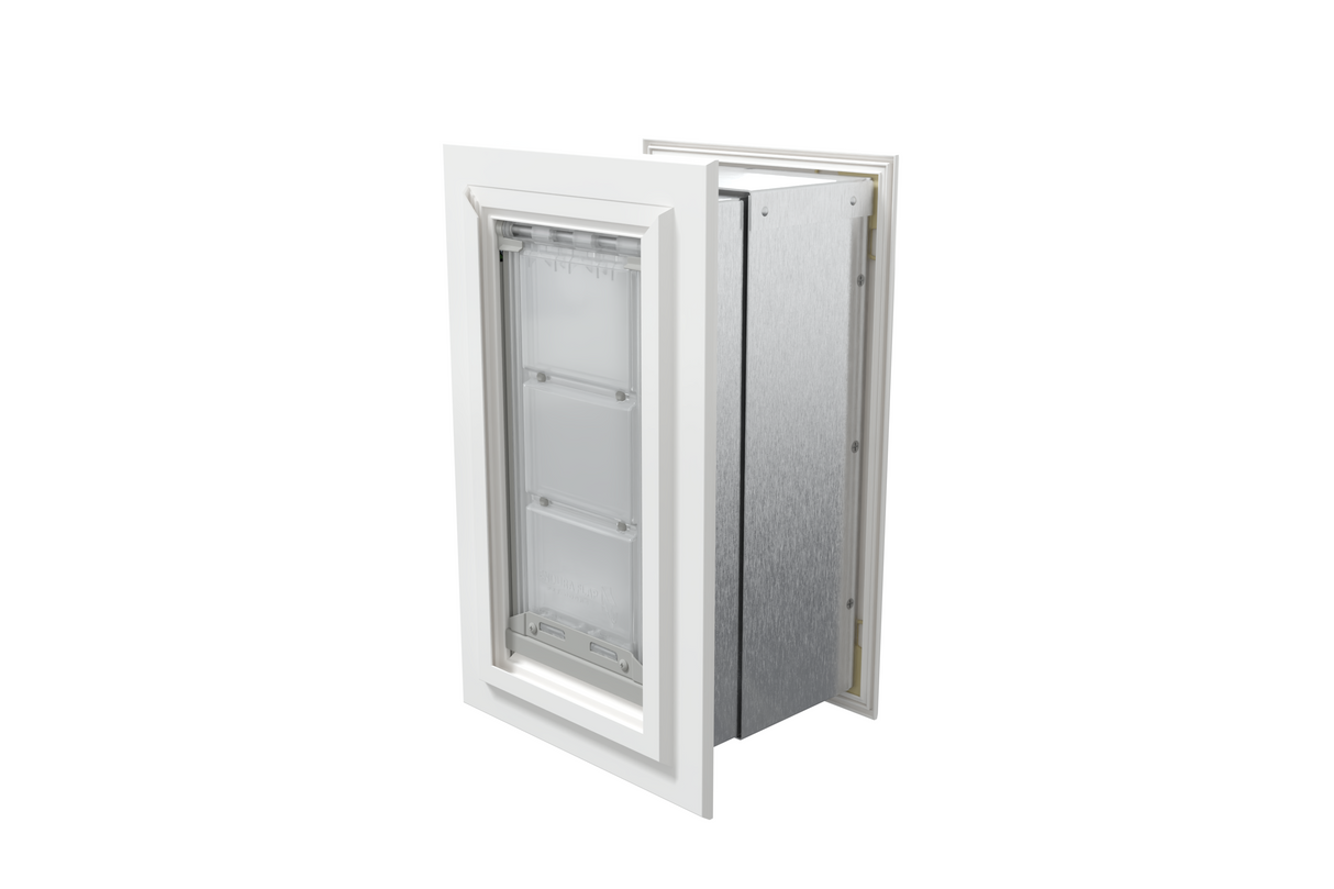 Angled view of a closed, white Endura Flap single flap wall mount pet door. See the seamless integration of this in wall dog door, designed for energy efficiency and durability.