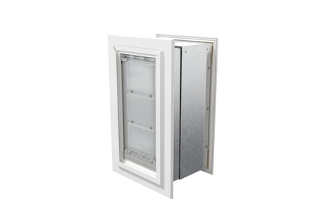 Angled view of a closed, white Endura Flap single flap wall mount pet door. See the seamless integration of this in wall dog door, designed for energy efficiency and durability.
