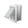 Angled view of an open, white Endura Flap single flap wall mount pet door. This easy-to-use dog door for wall is perfect for your furry friend.