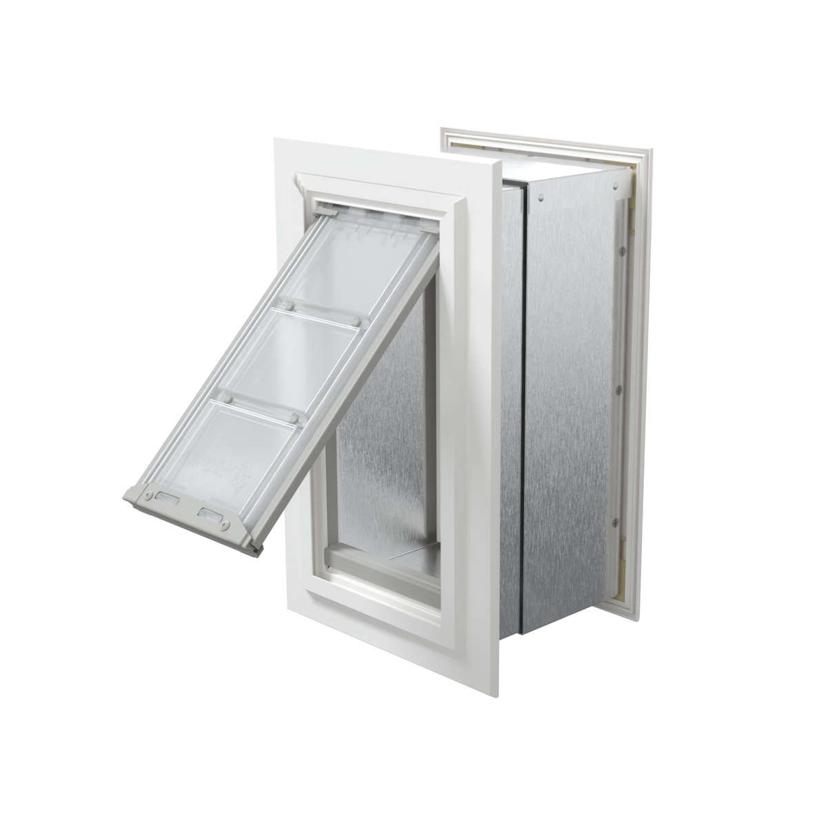Angled view of an open, white Endura Flap single flap wall mount pet door. This easy-to-use dog door for wall is perfect for your furry friend.