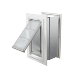 Angled view of an open, white Endura Flap single flap wall mount pet door. This easy-to-use dog door for wall is perfect for your furry friend.