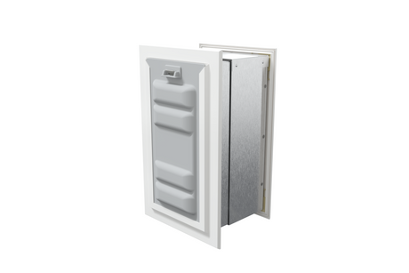 Angled view of a white endura flap pet door for wall with the locking cover attached. This shows how the locking cover adds extra security to this high-quality dog door for wall.