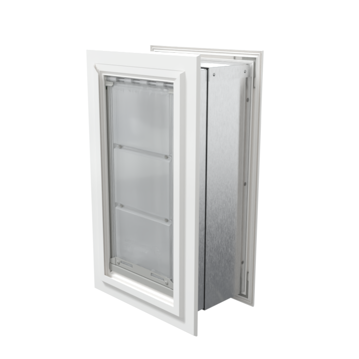 Angled view of a closed, white Endura Flap double flap wall mount pet door. This insulated dog door for wall helps maintain your home's temperature.
