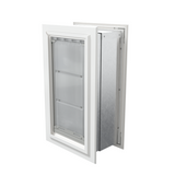 Angled view of a closed, white Endura Flap double flap wall mount pet door. This insulated dog door for wall helps maintain your home's temperature.