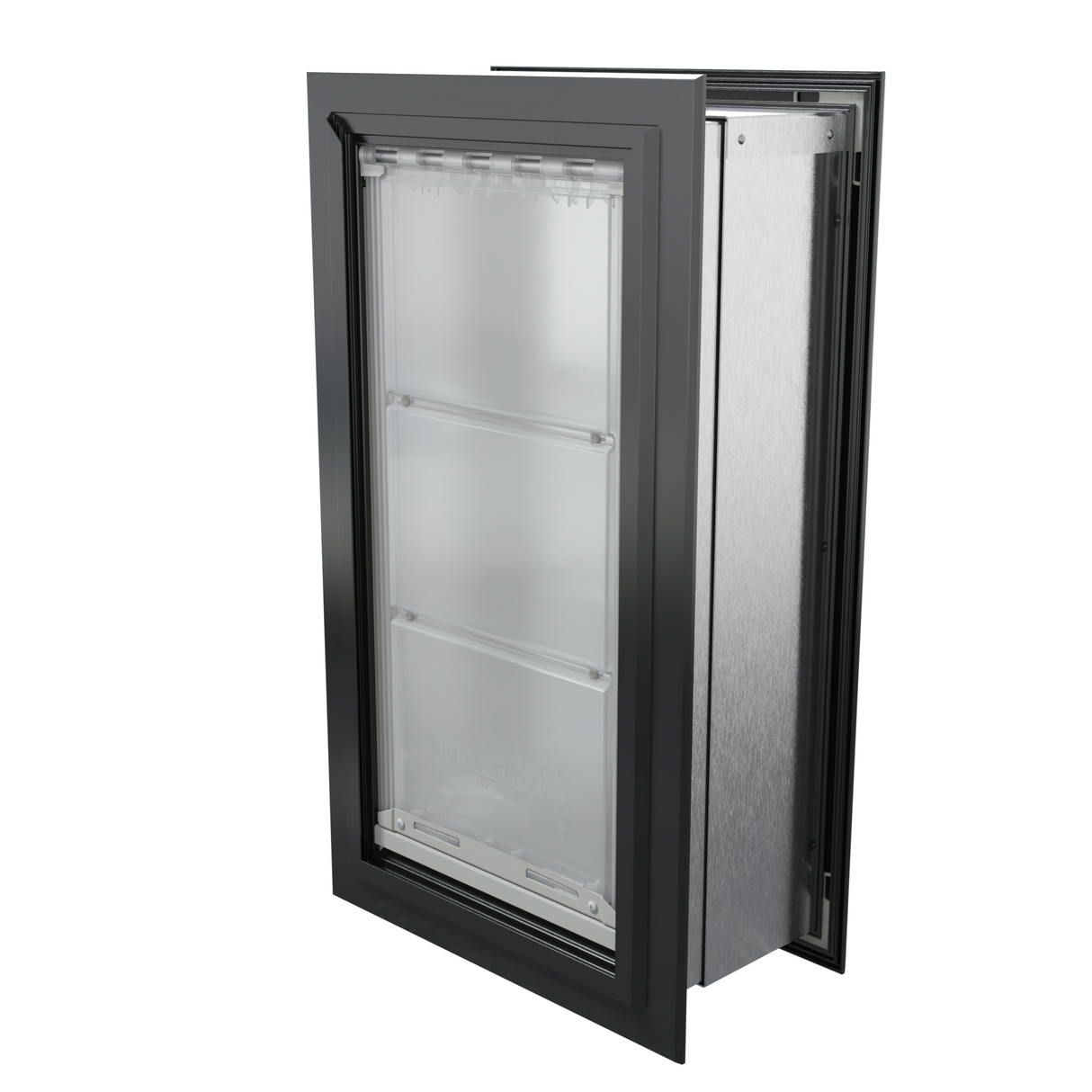 Angled view of a closed, black Endura Flap double flap wall mount pet door. Consider this through wall pet door for superior insulation.