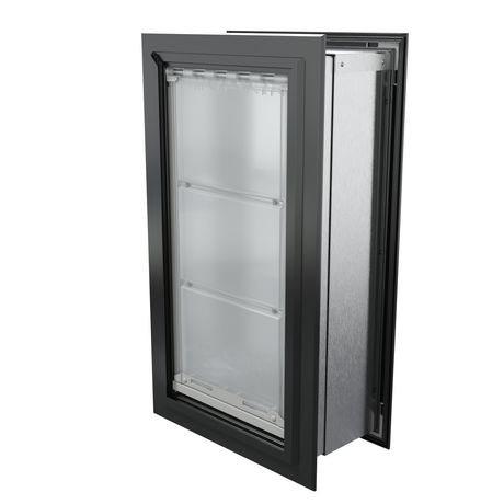 Angled view of a closed, black Endura Flap double flap wall mount pet door. Consider this through wall pet door for superior insulation.