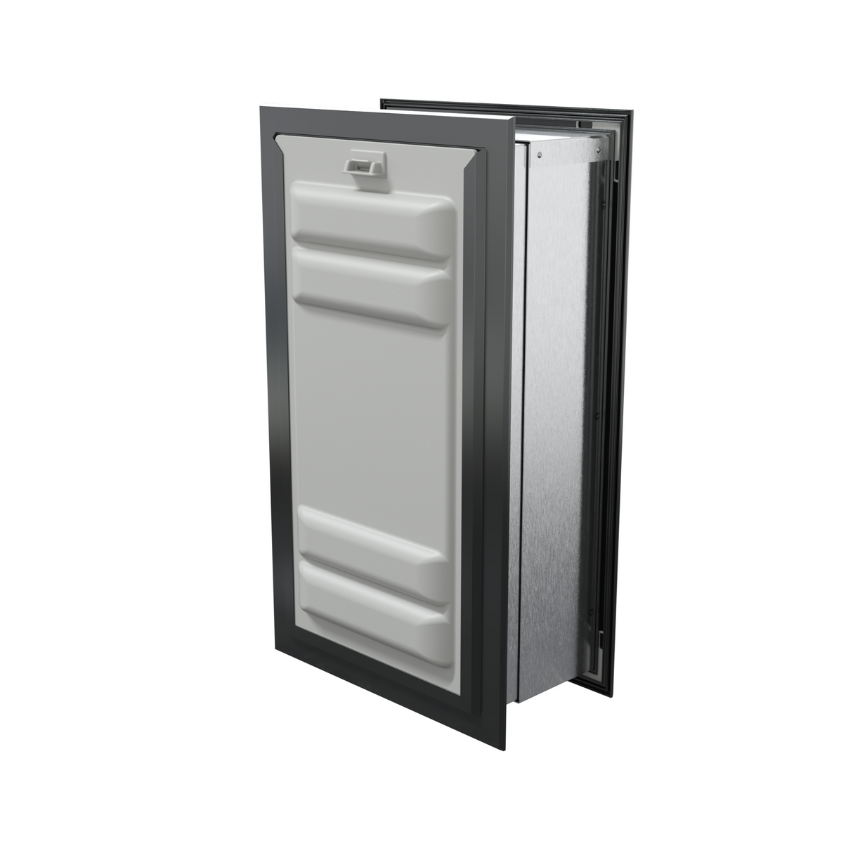 Angled view of a black endura flap dog door for wall with a locking cover. This double flap wall dog door provides excellent energy efficiency and security.