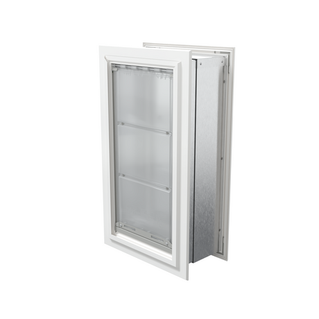 Angled view of a closed, white Endura Flap double flap wall mount pet door. This insulated dog door for wall is ideal for extreme weather.