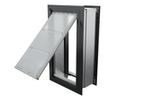 Angled view of an open, black Endura Flap single flap wall mount pet door. This in wall dog door offers a sleek look and easy pet access.