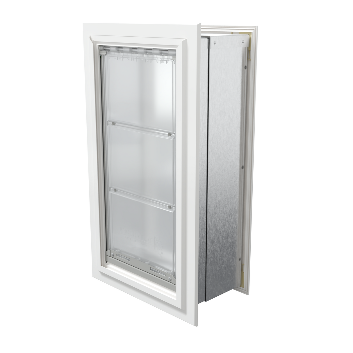 Angled view of a closed, white Endura Flap single flap wall mount pet door. This energy-efficient endura flap pet door is a great choice among dog doors for walls.