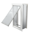 Angled view of an open, white Endura Flap single flap wall mount pet door. This durable dog door for wall allows easy access for your pet.