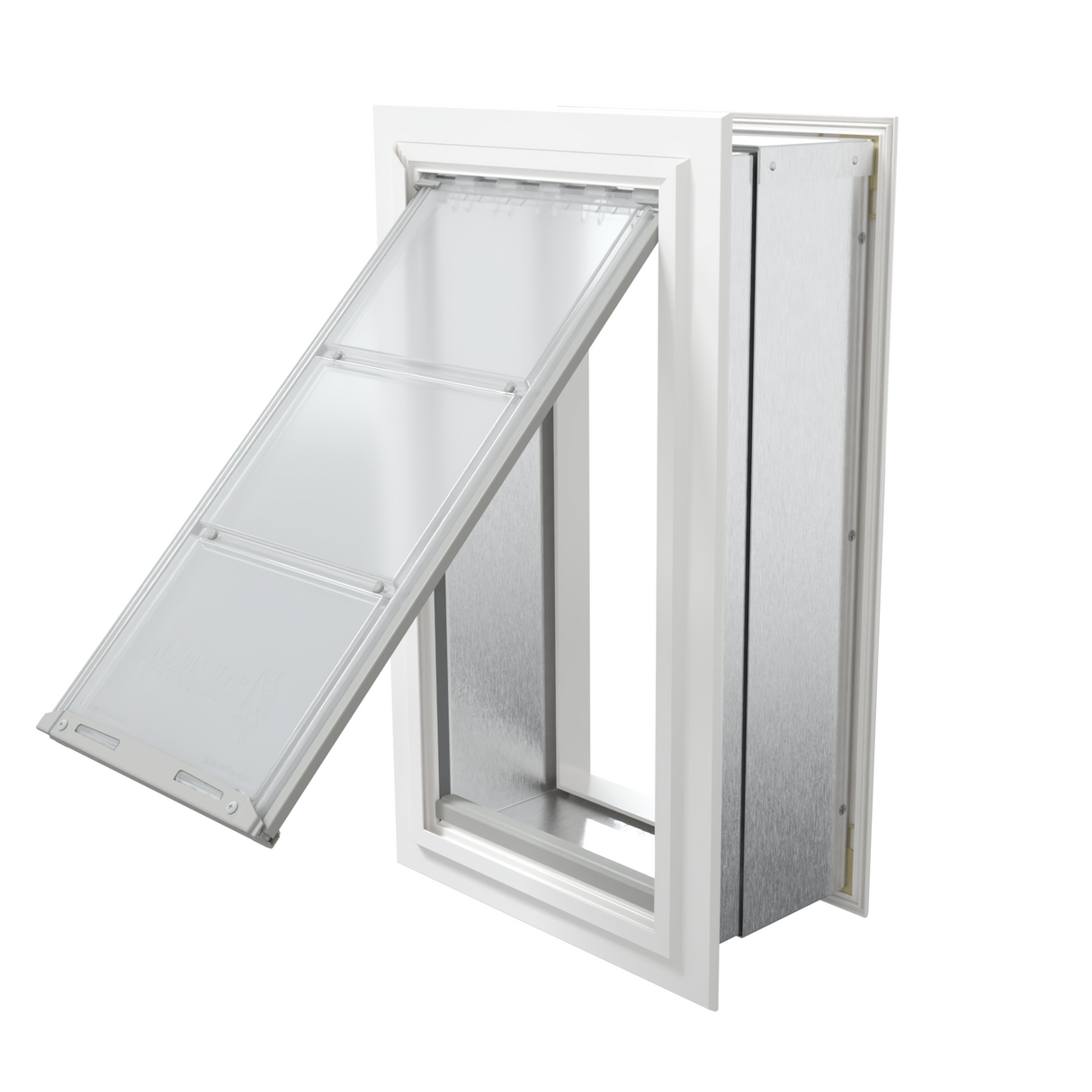 Angled view of an open, white Endura Flap single flap wall mount pet door. This durable dog door for wall allows easy access for your pet.