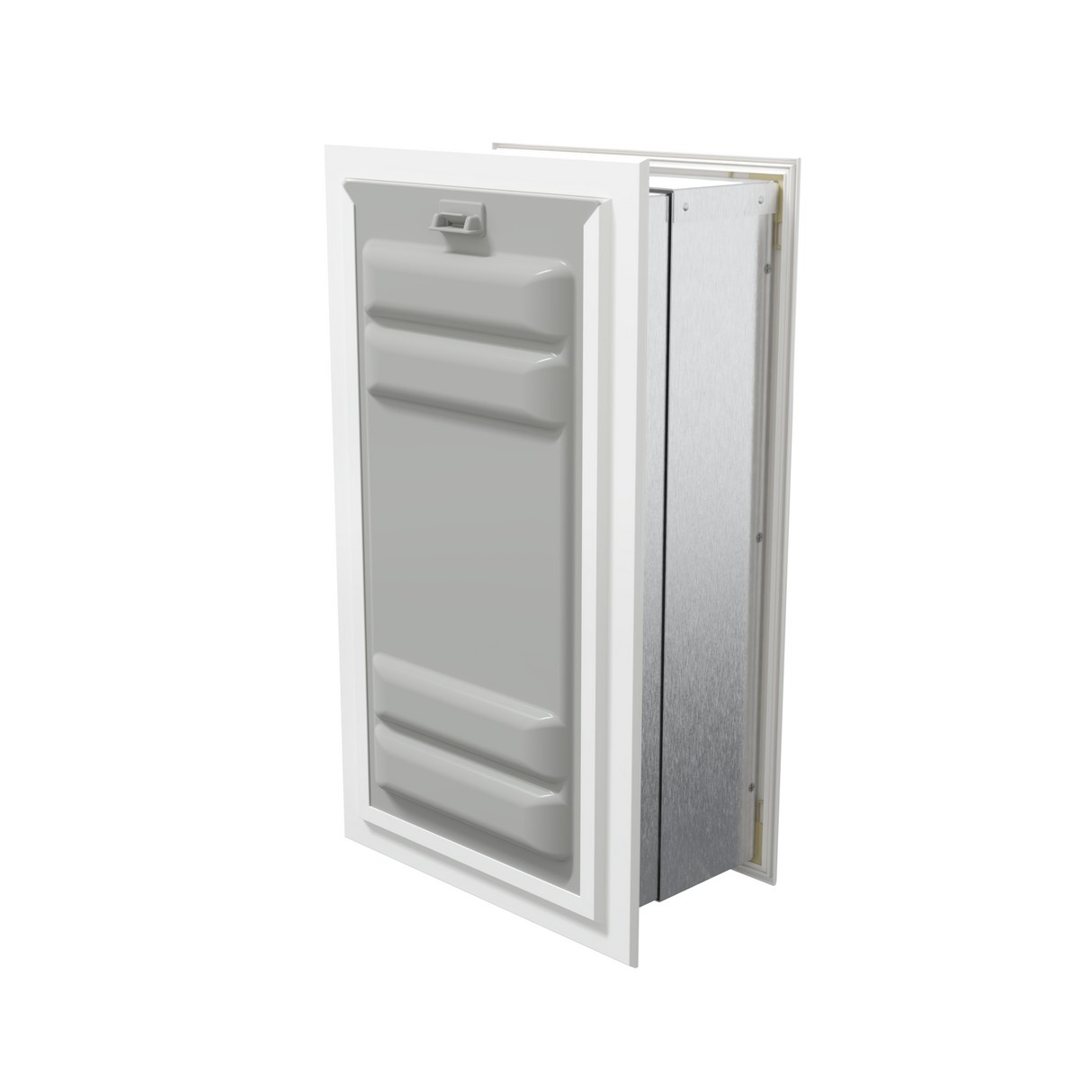 Angled view of a white endura flap pet door for wall with the locking cover. This secure wall dog door provides added safety.