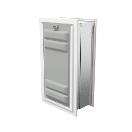 Angled view of a white endura flap pet door for wall with the locking cover. This secure wall dog door provides added safety.