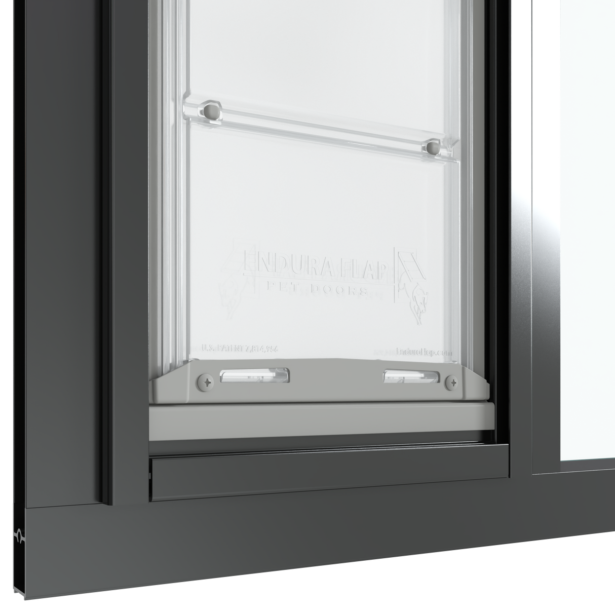 The bottom section of the black Thermo Sash 3e pet door for sash window is shown closed in a sash window