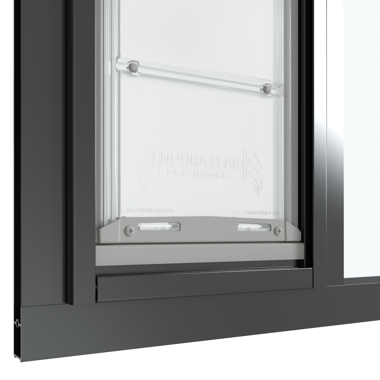 The bottom section of a black Thermo Sash 3e cat door windows is shown closed within a window, highlighting its secure fit in a sash window and the rubber seal for sash windows.