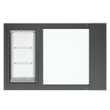 A frontal view of the black Thermo Sash 3e sash window dog door (primarily for cats) ready for installation