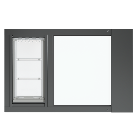 A frontal view of the black Thermo Sash 3e sash window dog door (primarily for cats) ready for installation