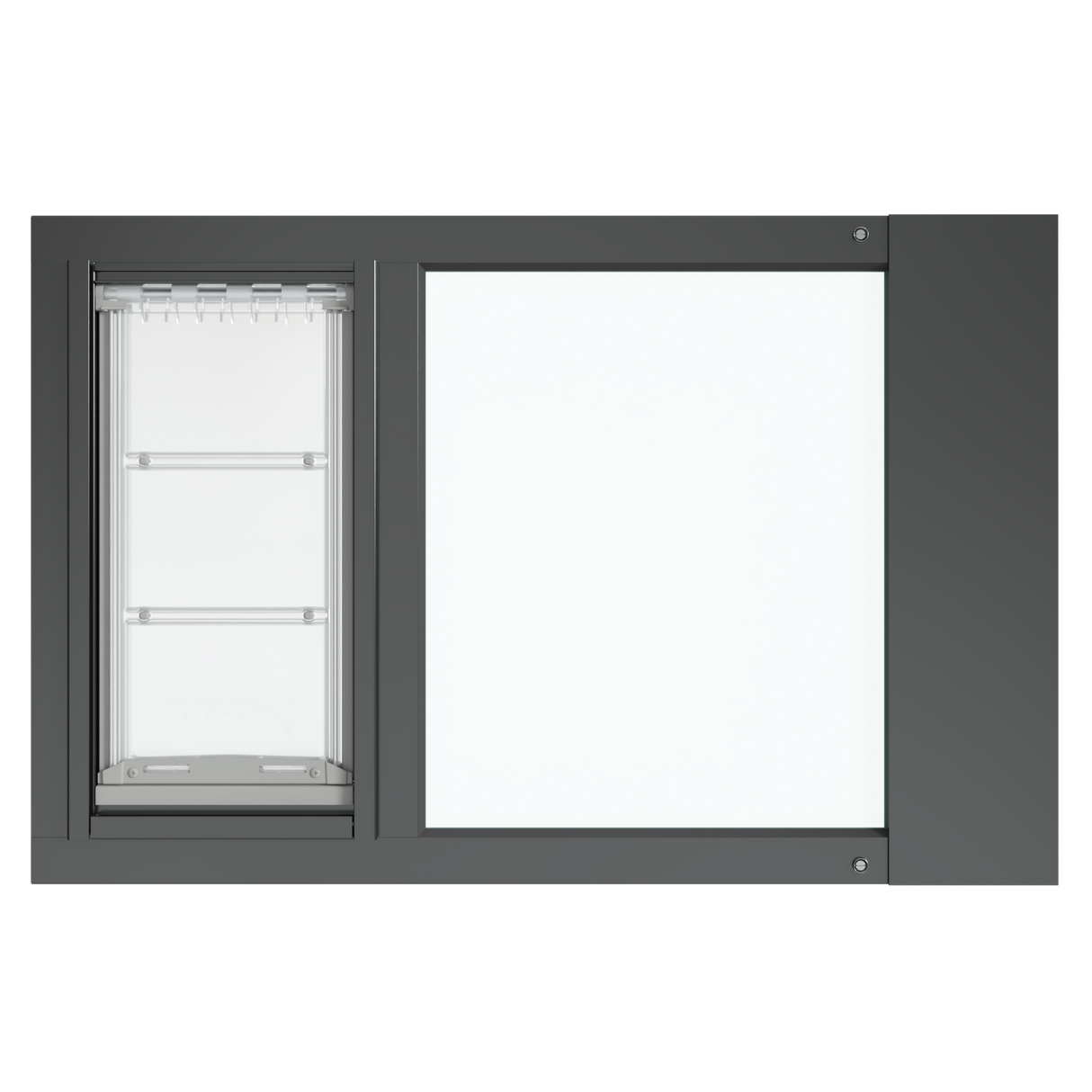 A frontal view of the black Thermo Sash 3e window doggie door (though primarily for cats) ready for installation in a sash window