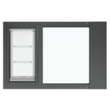 A frontal view of the black Thermo Sash 3e window doggie door (though primarily for cats) ready for installation in a sash window