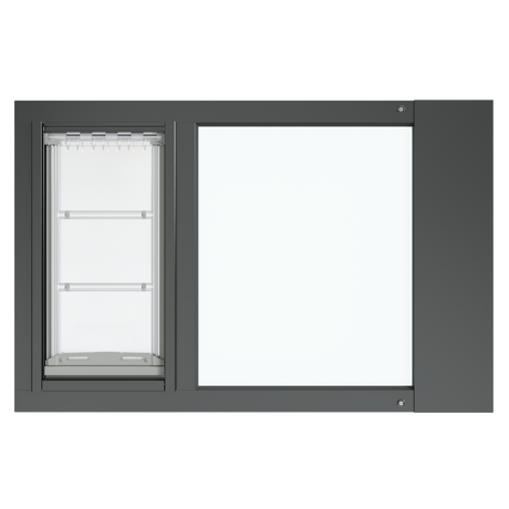 A frontal view of the black Thermo Sash 3e window doggie door (though primarily for cats) ready for installation in a sash window