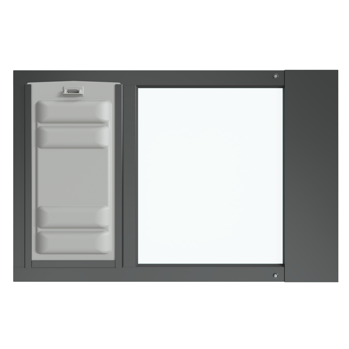 The black Thermo Sash 3e doggy door for window (suitable for cats) is shown from the front, featuring the Endura Flap, designed to fit seamlessly into a sash window