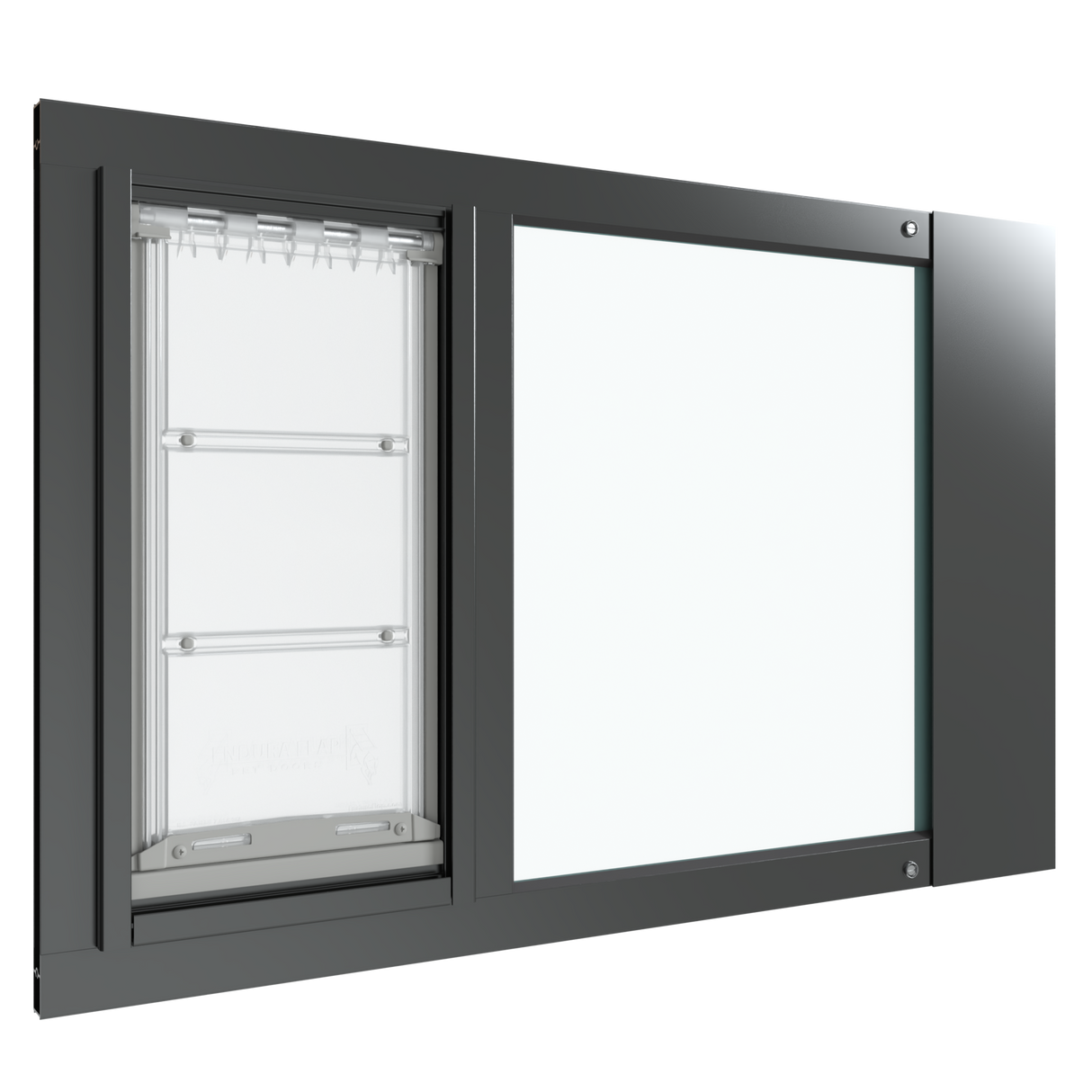 A black Thermo Sash 3e dog door in window (suitable for cats) is displayed, designed for sash windows