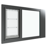 A black Thermo Sash 3e dog door in window (suitable for cats) is displayed, designed for sash windows