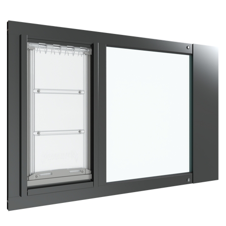 A black Thermo Sash 3e dog door in window (suitable for cats) is displayed, designed for sash windows