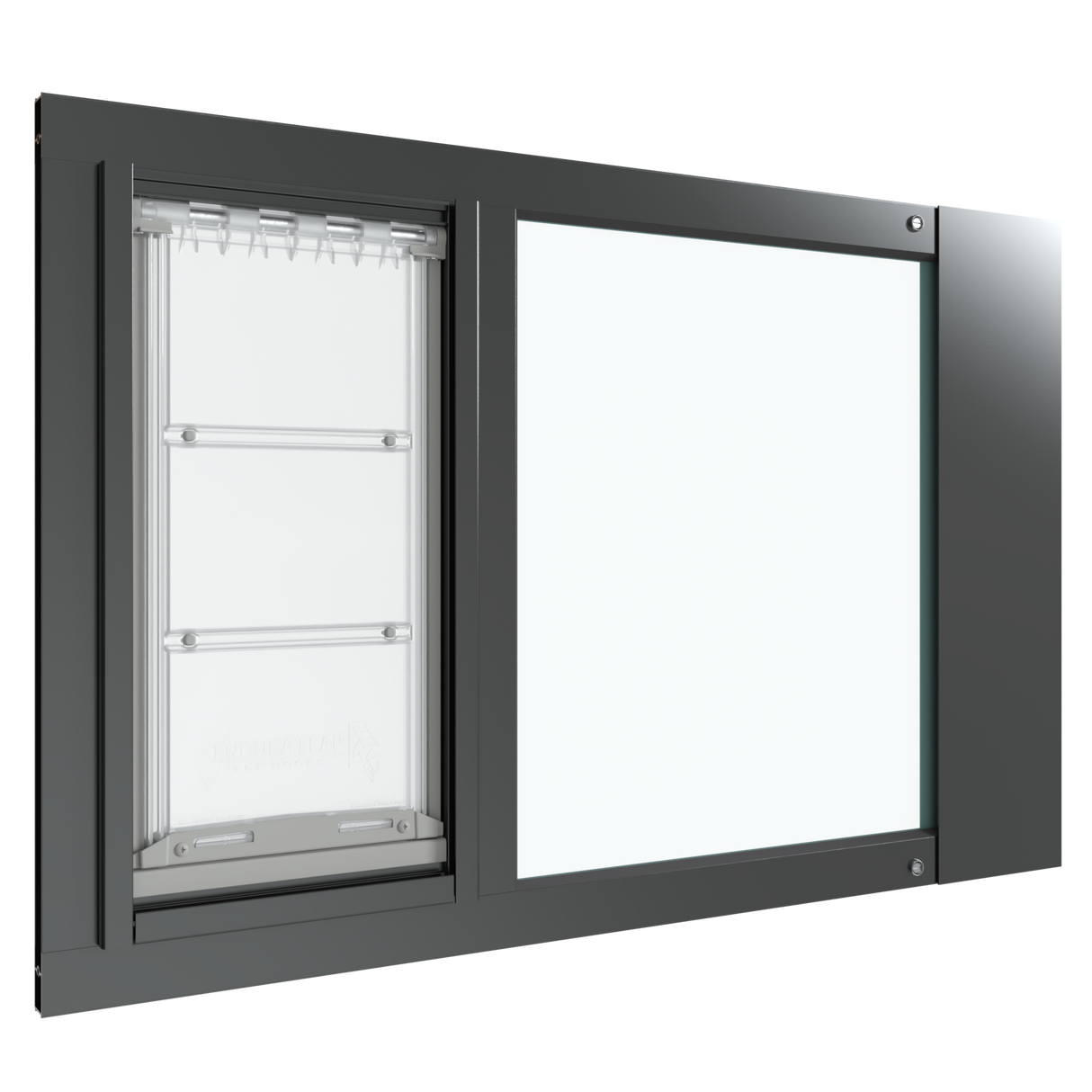 A black Thermo Sash 3e cat doors window is displayed, designed for easy installation in sash windows. This pet door for window provides a secure passage for your cat.