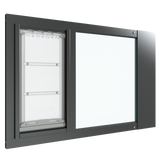 A black Thermo Sash 3e cat doors window is displayed, designed for easy installation in sash windows. This pet door for window provides a secure passage for your cat.