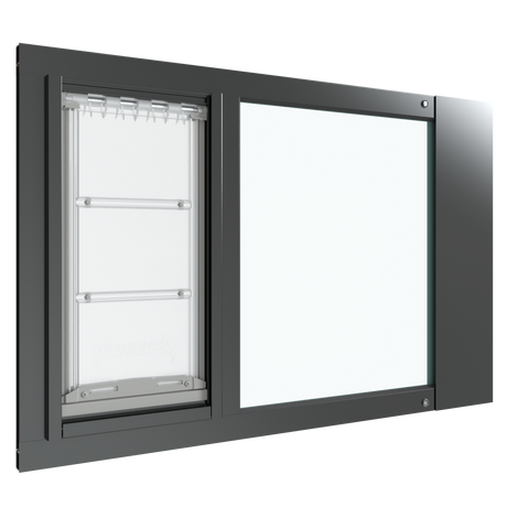 A black Thermo Sash 3e cat doors window is displayed, designed for easy installation in sash windows. This pet door for window provides a secure passage for your cat.