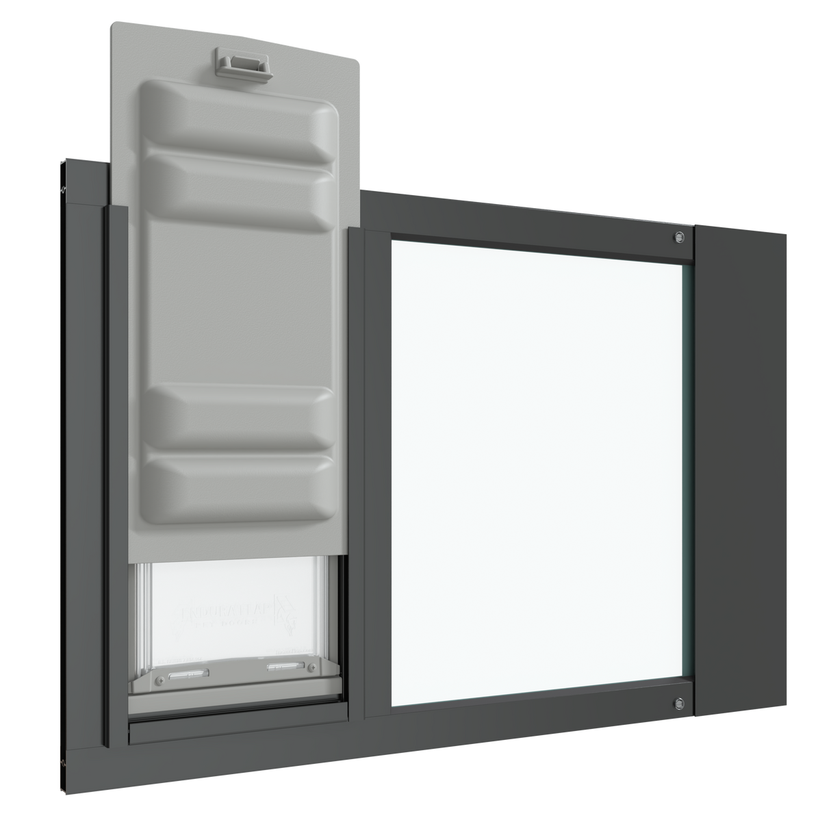 An angled view of the black Thermo Sash 3e cat window flap installed in a sash window with the Endura Flap raised