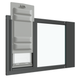 An angled view of the black Thermo Sash 3e cat window flap installed in a sash window with the Endura Flap raised