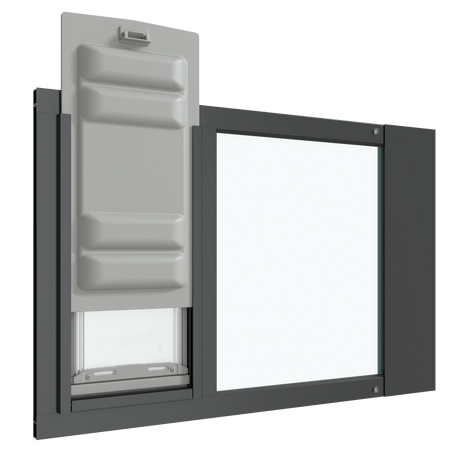 An angled view of the black Thermo Sash 3e cat window flap installed in a sash window with the Endura Flap raised
