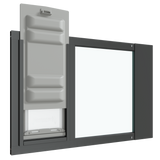 An angled view of the black Thermo Sash 3e cat window insert with the Endura Flap slightly raised, illustrating its use as a cat door in glass within a sash window