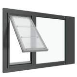 A black Thermo Sash 3e sash+window+pet+door is shown open within a sash window, providing easy access for your kitty door for window._Color_Black