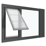 A black Thermo Sash 3e window cat doors is shown open, installed in a sash window. This cat door window offers an adjustable cat door for window solution.._Color_Black