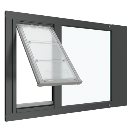 A black Thermo Sash 3e window cat doors is shown open, installed in a sash window. This cat door window offers an adjustable cat door for window solution.._Color_Black