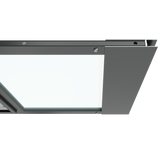 The top section of the black Thermo Sash 3e dog door window (for cats) is shown closed in a sash window