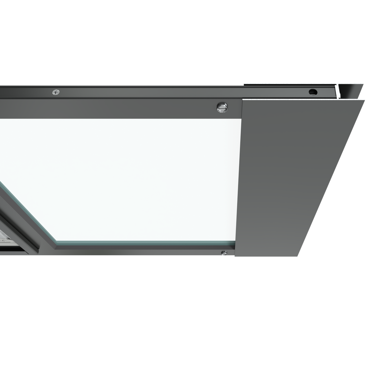 The top section of a black Thermo Sash 3e sash window pet door is shown closed in a window, illustrating its integration with the sash window frame