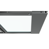 The top section of a black Thermo Sash 3e sash window pet door is shown closed in a window, illustrating its integration with the sash window frame