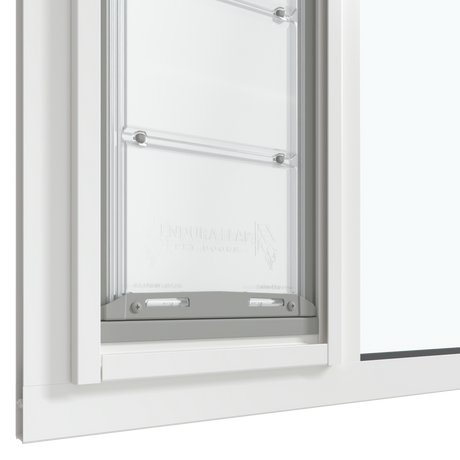 The bottom section of the white Thermo Sash 3e window sash cat door is shown closed within a sash window, highlighting the seal